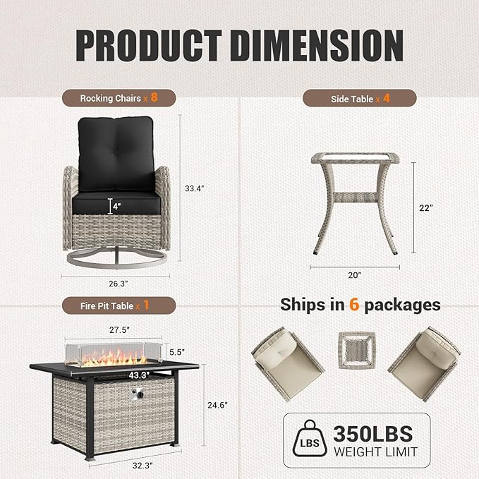13Pcs Patio Rocking Swivel Chair with 55,000 BTU Fire Pit Table Outdoor Wicker Rattan Bistro Set with Tempered Glass Side Table, Outdoor Patio Furniture Set for Garden and Balcony, Dark Grey