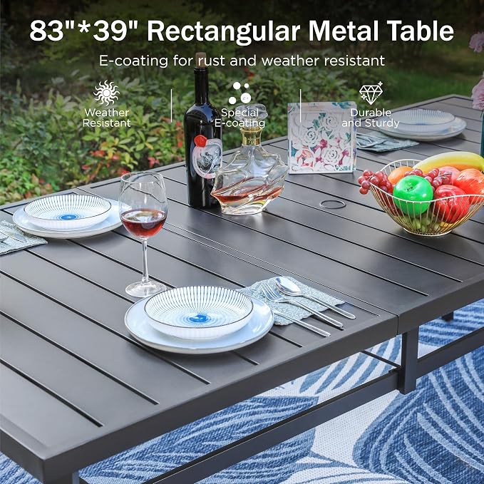 PHI VILLA Outdoor Dining Set for 8 w/Metal Table & Aluminum Chairs, Beige | Stackbale chairs, Breathable & quick-drying, Light-weight & space-saving, Rectangular Table, Umbrella Hole, Patio deck