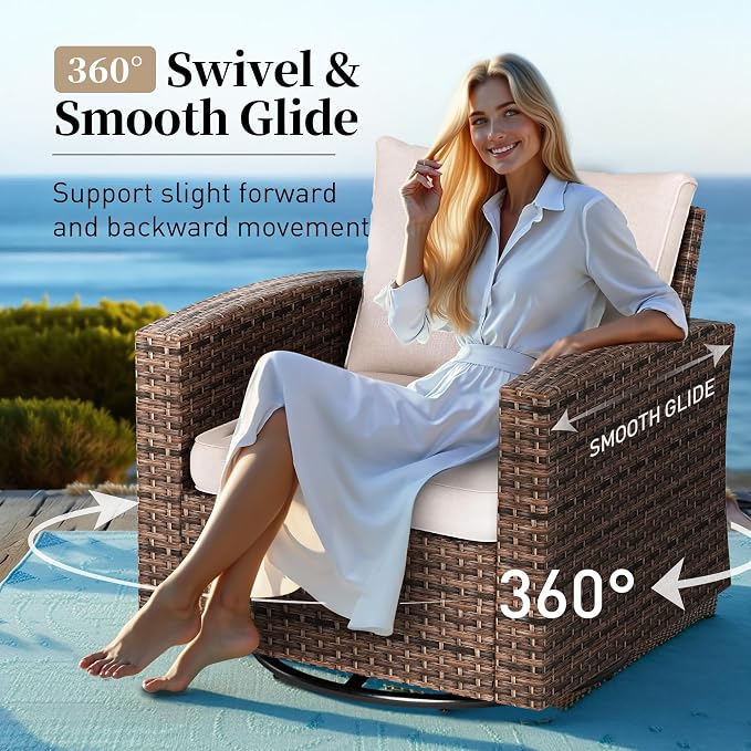 SUNSHINE VALLEY 4-Piece Patio Furniture Set with Swivel Chairs, Rattan Wicker Outdoor Furniture with 2 Swivel Glider Chairs and 2 Ottomans, Outdoor Lounge for Small Patio, All-Weather Design, Beige