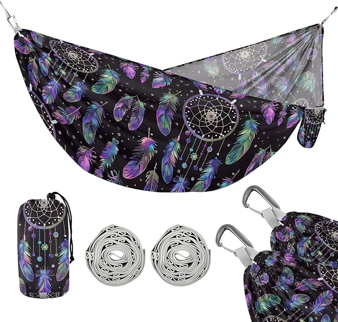 Camping Hammock Outdoor Hammocks for Outside Purple Feather Dreamcatcher Beach Trees Portable Lightweight with Pockets Tree Straps Indoor