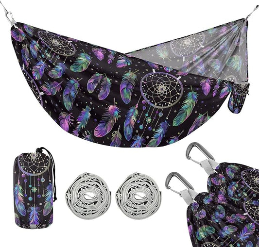 Camping Hammock Outdoor Hammocks for Outside Purple Feather Dreamcatcher Beach Trees Portable Lightweight with Pockets Tree Straps Indoor