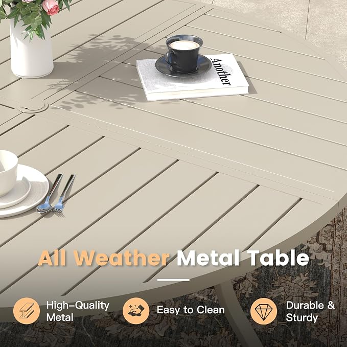 7 Pieces Patio Dining Set, 6 Outdoor Swivel Dining Chairs with 50.1" Round Metal Outdoor Dining Table with Umbrella Hole for Garden Backyard Deck, Sandshell