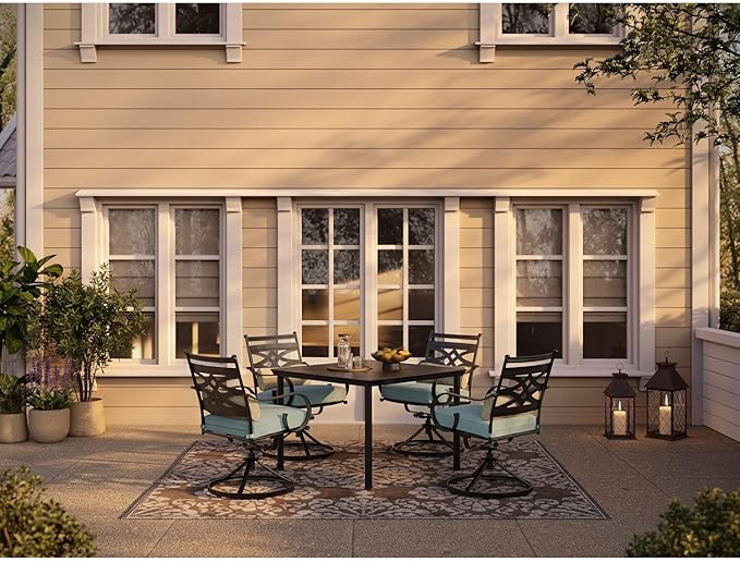 Hanover Montclair 5-Piece Outdoor Dining Set with Stamped Steel Square Dining Table and 4 Swivel Rocker Chairs with Cushions, Weather-Resistant Patio Dining Set for 4, Patio, Backyard, Deck