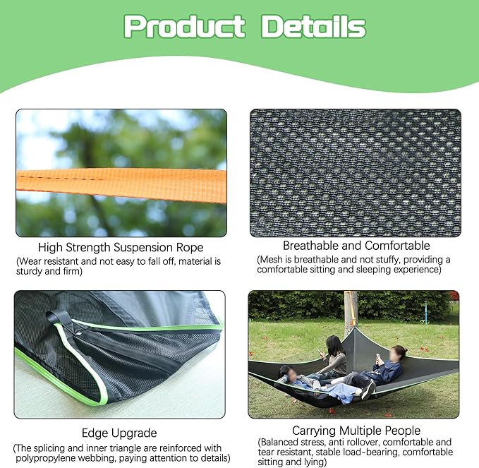 LIGHTLY Triangle Hammock Camping Hammock for Outside Portable Outdoor Travel Multi Person Tree Hammock with 3 Ratchet Tie Down Straps & Net Pocket Max 1000 lbs for 2-6 Adult Kid, Black