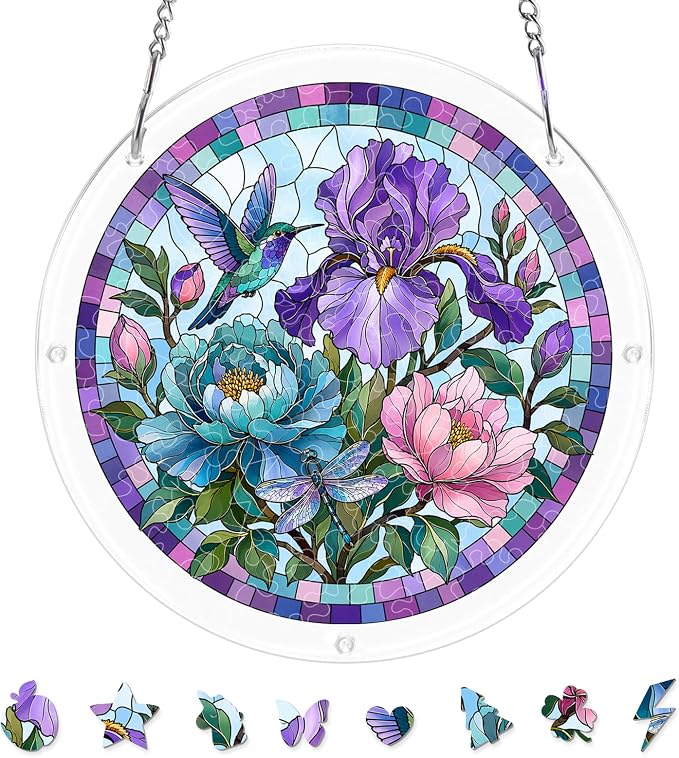 Acrylic Puzzle Suncatcher, Sun Catchers Puzzle for Window Hanging | 8.9 Inch Iris Floral DIY Suncatcher Puzzle for Adults, Ideal Gifts for Women, Men, Wife, Mom, Home & Garden Decor