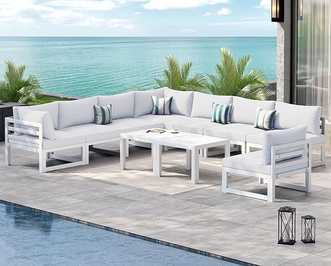 NICESOUL 10 Pcs L-Shaped Contemporary Aluminum Outdoor Furniture Set, 29" Deep Wide Large Couch Set, 500 lbs High Weight Capacity Modular Patio Sectional Sofa with Side Table for Garden, Light Grey