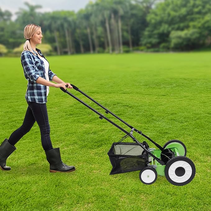 16-Inch 5-Blade Cordless Manual Reel Lawn Mower, Adjustable Cutting/Handle Height Grass Cutter with Grass Catcher, Green