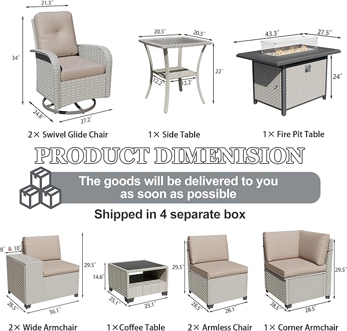 10-Piece Outdoor Patio Furniture Set, Modular Sectional Sofa Set with Swivel Rocker Chairs & Fire Pit, Wicker Outdoor Couch Conversation Sets w/Coffee Table and Cushions, Khaki