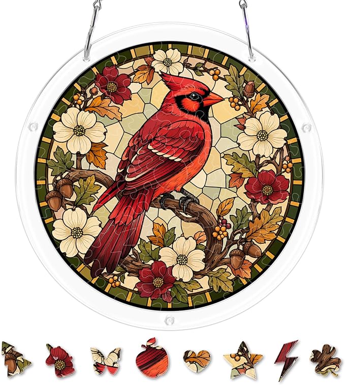 Acrylic Puzzle Suncatcher, Sun Catchers Puzzle for Window Hanging | 7.4 Inch Northern Cardinal DIY Suncatcher Puzzle Gifts for Adults, Women, Men, Wife, Mom, Birds Lover, Home & Garden Decor