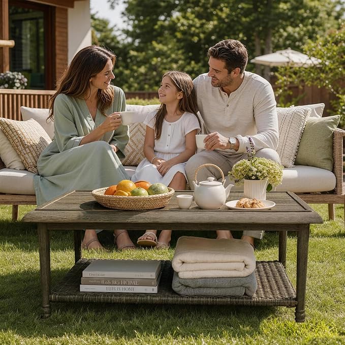 Outdoor Coffee Table, All-Weather Wicker Patio Table, 2-Layer Patio Coffee Table with Storage, Outdoor Side Table for Garden Porch Balcony Poolside