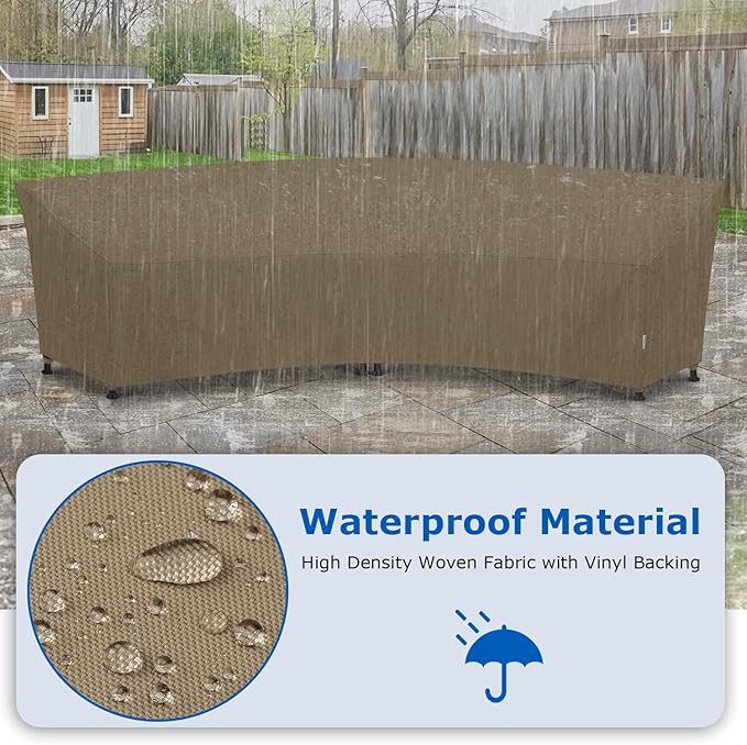 SunPatio Outdoor Curved Sectional Sofa Cover, Heavy Duty Waterproof Patio Couch Cover, All Weather Protection Furniture Protector with Sealed Seam, 190"(back)/128"(front)L x 36"W x 39"/24"H, Taupe