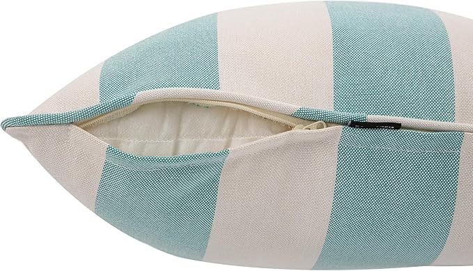 Outdoor Throw Pillow with Insert 18x18 Inch, Set of 2, Piping Edge Waterproof Fade Resistant Decorative Fluffy Pillows for Patio Furniture Chair Bench Couch Sofa - Teal Ivory Striped