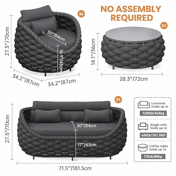 6 Pieces Rope Patio Furniture Set: Aluminum Outdoor Couch Set Cushioned - Assembled Porch Conversation Sofa Set Modern - Metal Patio Seating for 7 Person Deck Garden Poolside Hotel, Dark Gray