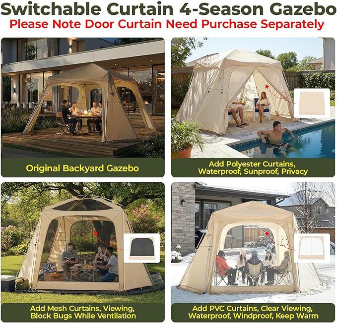 Alvantor 12' x 12' Pop Up Gazebo, All Weather 4-Season Instant Canopy Tent, UPF 50+ Waterproof Portable Pergola, Compatible with PVC/Mesh/Polyester Curtains for Patio Backyard Deck Garden Poolside