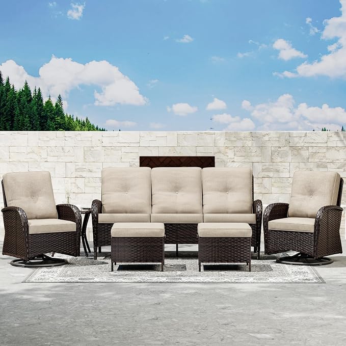 Joyside Wicker Patio Furniture Set, 6 Piece Outdoor Furniture Set with Thickened Cushions, High Back, Deep Seating, Wide Armrest, Outdoor Swivel Rocker Chairs for Porch, Deck