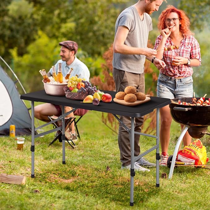 Athena Collection 4ft Folding Table, Lightweight Portable Desk with Handle, Square Foldable Plastic Table for Card Games, Collapsible Dining, Indoor Outdoor Camping Picnic & Party Use, Black