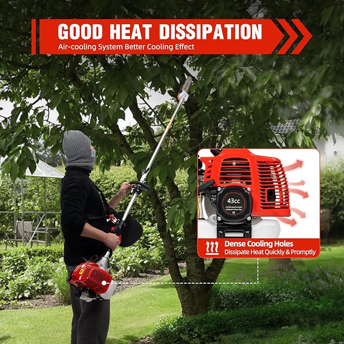 43CC 2-Stroke Grass Trimmer, 1250W Gas Trimmer Gas Powered Pole Saw Garden Pole Chainsaw for Lawn Yard Farmland Sawing High Branches and Small Trees Tree Trimmer