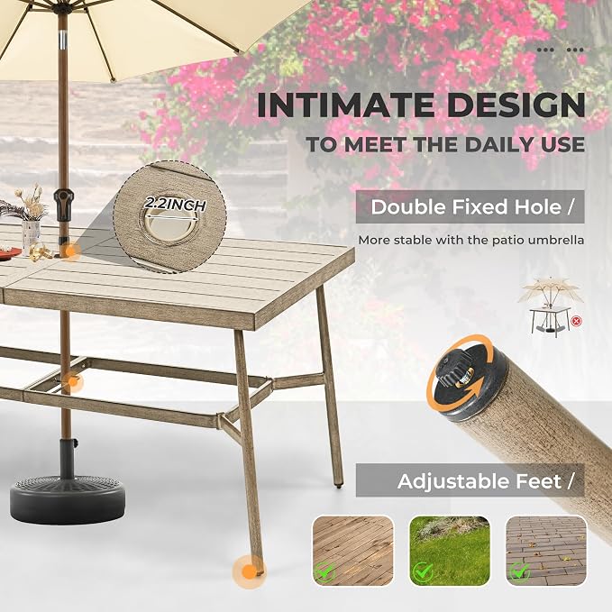 HAPPATIO 9-Piece Patio Table and Chairs Set for 8, Aluminum Outdoor Dining Set with Cushions, 6 Dining Chairs and 2 Swivel Chairs, 1 Large Rectangular Table with Umbrella Hole, Brown