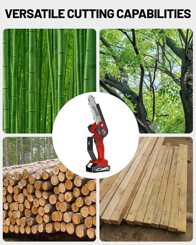 Fostex Mini Chainsaw Cordless, 6 Inch Handheld Electric Chain Saw, 2×2 Ah Batteries & 2 Chains, Lightweight Small Tree Trimmer for Wood Cutting, Yard & Garden, Ideal Gift for Dad, Men & Women (Red)