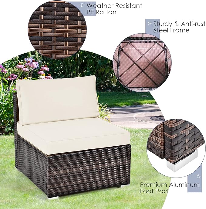 RELAX4LIFE 8-Piece Patio Furniture Set - Rattan Wicker Sectional Sofa Set w/Cushions, 32’’ Outdoor Gas Propane Fire Pit Table & Tank Holder, 40000 BTU Heat Output, PVC Cover for Firepit (Off White)