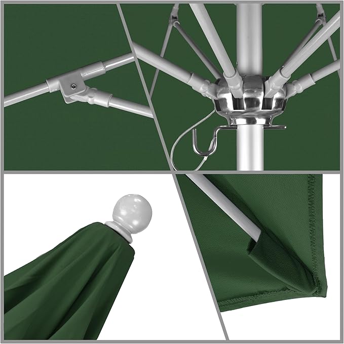 California Umbrella 9' Round Aluminum/Fiberglass Umbrella, Push Open, Silver Pole, Olefin Hunter Green