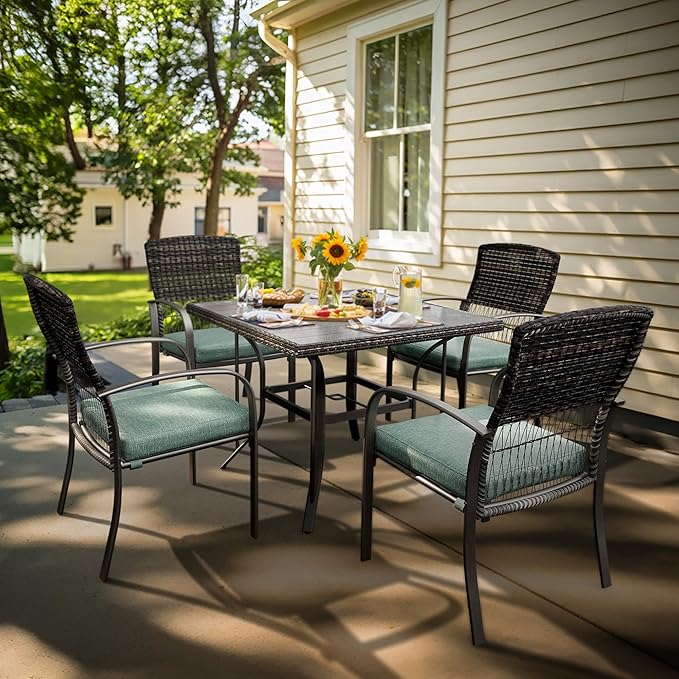 Pamapic 5 Piece Patio Dining Set, Green, Weather Resistant PE Rattan Table and Chairs, Comfortable Cushions, Easy Maintenance