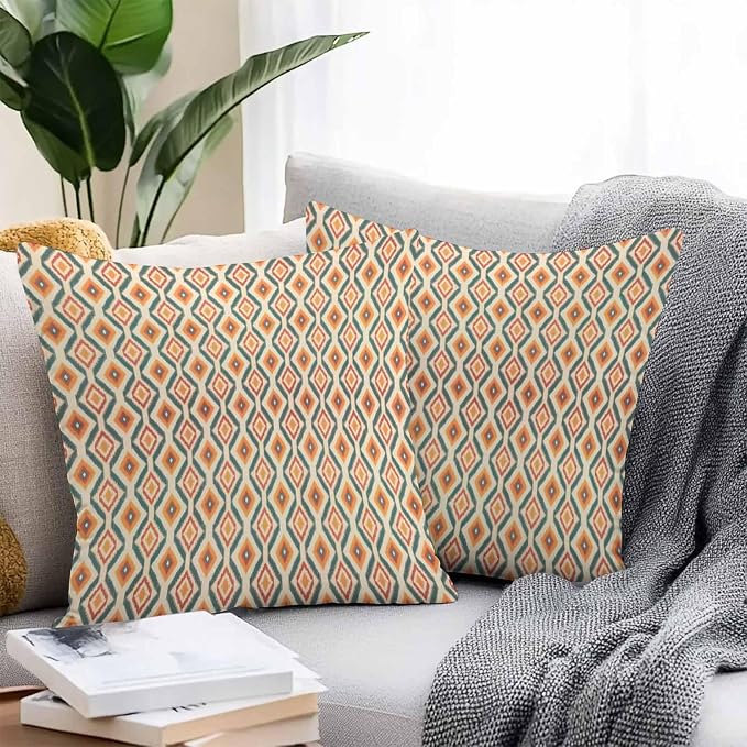 Throw Pillow Covers 16x16 Inch Set of 2, Orange Teal Geometric Waterproof Outdoor Pillow Covers, Southwest Ethnic Country Decorative Cushion Pillowcases for Couch, Sofa, Bed, Garden, Patio