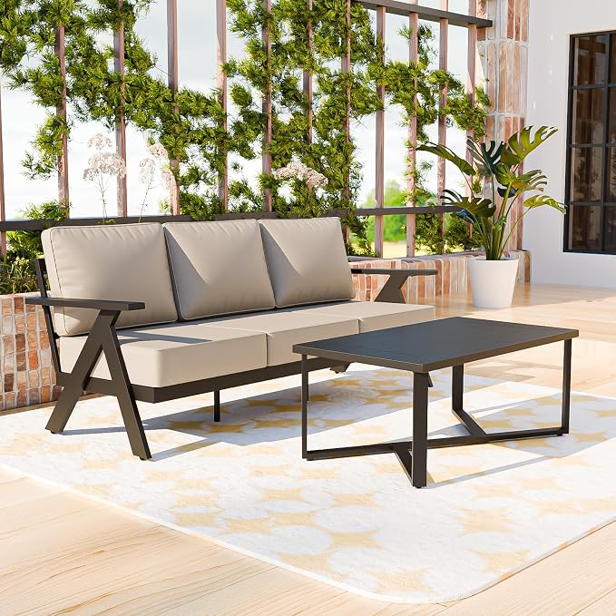COOS BAY Iron Luxe 2 Piece Outdoor Patio Furniture Set, Modern Patio Conversation Set with a 3 Seat Couch & Coffee Table for Deck, Garden, Porch, Black/Beige