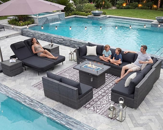NICESOUL 13 Piece Patio Furniture Set with Fire Pit Table, Luxury Wicker Outdoor Patio Sectional with Fire Pit & Chaise Lounge, 29.3" Highback Extra Large Size Wide Deep Seating, Dark Gray