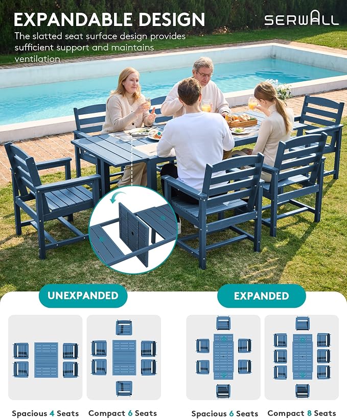 SERWALL 60" - 83" Expandable Outdoor Dining Table and 6 HDPE Chairs, Blue | Outdoor Dining Set for 6, All Weather Aluminum and HDPE Outdoor Furniture Set, Extendable Patio Dining Table