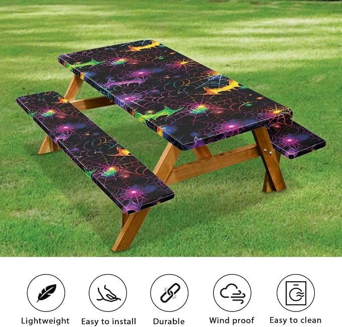 Halloween Picnic Table Cover with Bench Covers Lightweight Camping Essentials, Oil-Proof Waterproof 3PCS Tablecloth with Elastic, Fitted for Table 6FT Rectangle and Seats