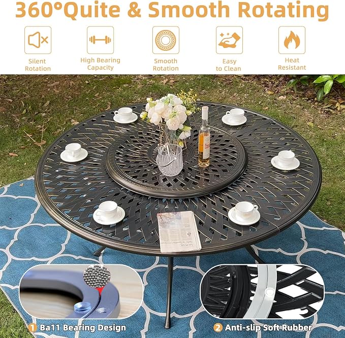 9-Piece Patio Furniture Dining Set, Cast Aluminum Outdoor Conversation Set- 61" Round Patio Dining Table with Detachable Lazy Susan & 8 Cushioned Swivel Rocker Chair, 2" Umbrella Hole, Khaki