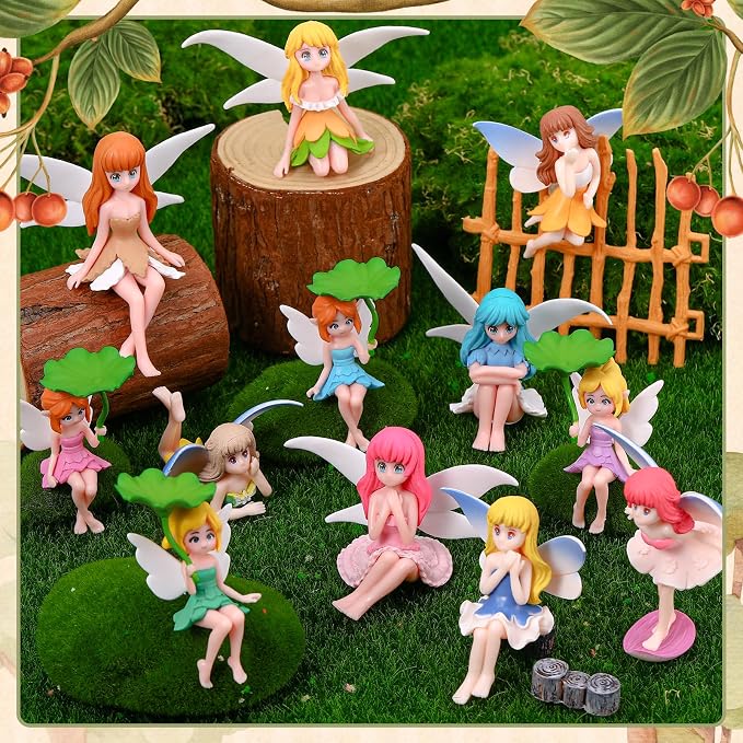 14Pcs Mini Fairy Garden Figurines Set | Miniature Tree Stakes Mini Fairy Figures with Fairy Garden Decor Cake Topper Landscapes DIY Terrarium Dollhouse Desk Decor
