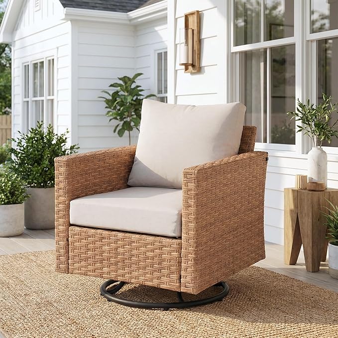 SUNSITT Patio Swivel Rocker Chair, Wicker Swivel Chairs Outdoor Seating Furniture with Thick Comfy Cushions, for Porch, Balcony, Deck, Natural Rattan Color