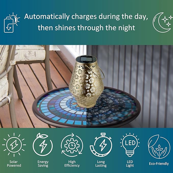 MCSLNT1 Solar Outdoor Hanging Lantern Light, Metal Flower Pattern Decorative LED Light for Garden Lawn Patio Pathway Tabletop Décor