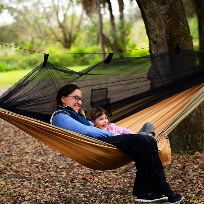 Bliss Hammocks Hammock in a Bag with Mosquito Net and Adjustable Tree Straps, Nylon Hammock for Camping and Outdoor Use, 350 Lb Capacity, Forest Green