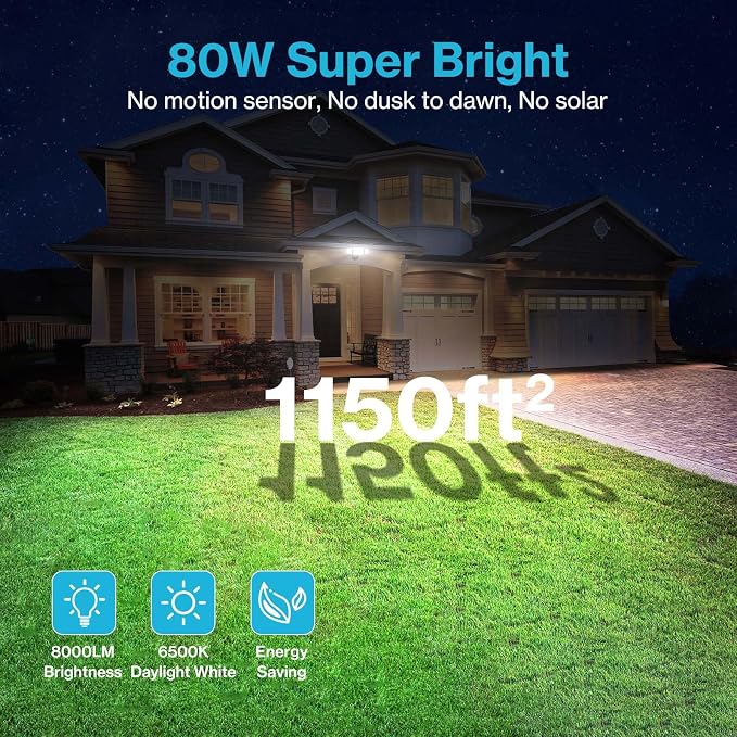 Olafus 80W Flood Lights Outdoor 2 Pack, Switch Controlled LED Security Lights 8000LM, 6500K Outside Floodlight, IP65 Waterproof Exterior Light Fixture for House, Yard, Garage, Wall/Eave Mount Black