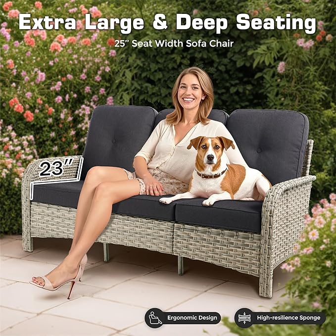 6-Piece Outdoor Patio Furniture Set with Fire Pit Table,All Weather Wicker Rattan Patio Seating Sofa and Chair Set with Ottomans,Outdoor Conversation Sets with 3 Seater Couch for Porch Deck Yard,Black