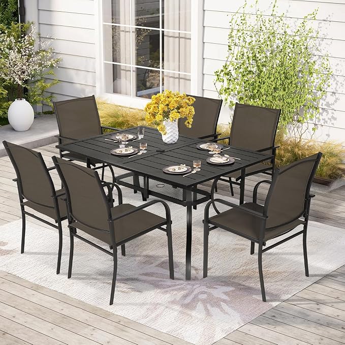 Crownland 7 Piece Patio Dining Set, Outdoor Textilene Dining Sets, 6 Textilene Metal Chairs and Rectangular Outdoor Dining Table with 1.57" Umbrella Hole (Brown)