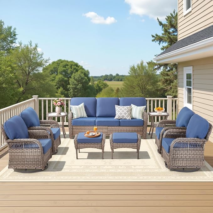 9 Pieces Outdoor Furniture Set, Swivel Rocker Patio Chairs Set of 4 Wicker 3 Seater Sofa with Ottmans Conversation Sets Patio Furniture for Deck Porch Garden Backyard, Blue