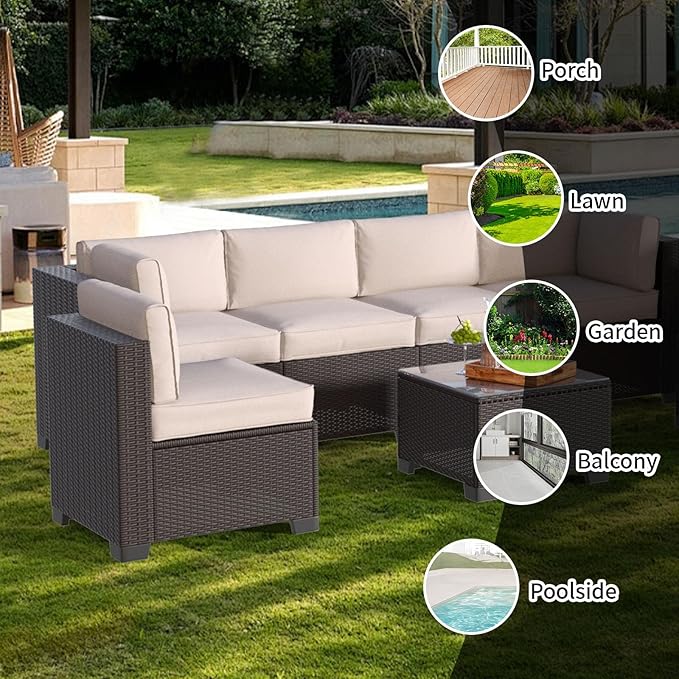 7 Piece Patio Furniture Set, Wicker Patio Conversation Sets, Outdoor Sectional Furniture with Tempered Glass Table, for Backyard, Deck, Garden, Dark Brown Rattan & Khaki Cushions