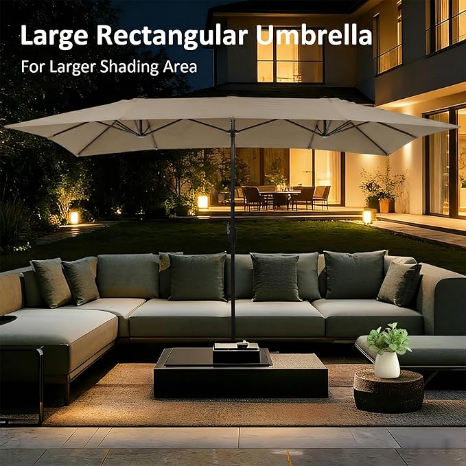 15×15ft Outdoor Patio Umbrella, Double Sided Market Rectangle Umbrella with Crank Handle, Large Sun Shade for Outside Deck, Backyard, Garden