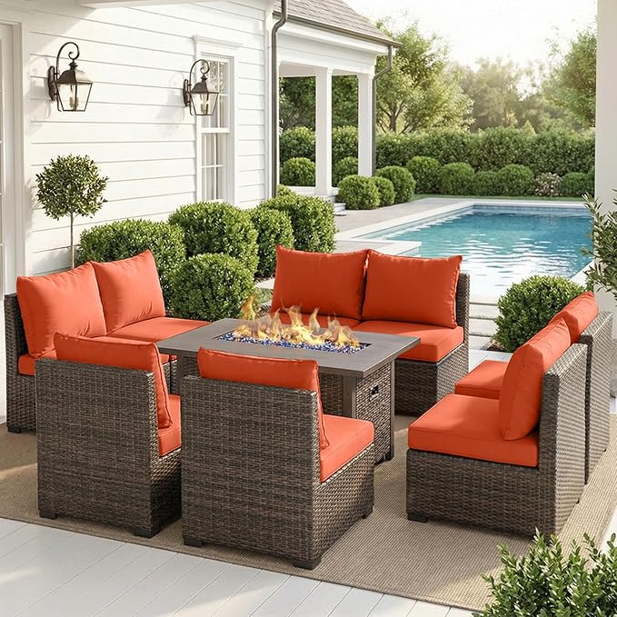Patio Furniture Set with Fire Pit Table, Outdoor Sectional Rattan Sofa Set, Patio Set Seating Furniture with Thickened Cushions (Red, 9 Pieces)
