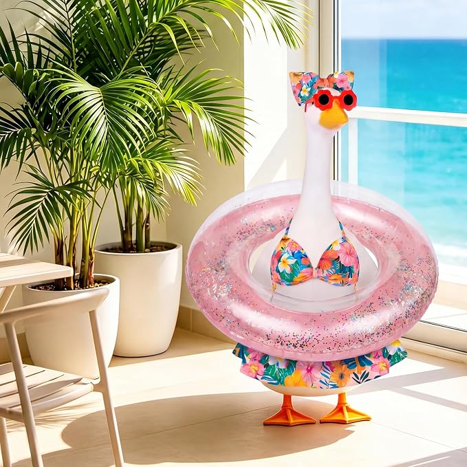 23 in Porch Goose Summer Outfit Bikini, Hawaiian Porch Goose Swimsuit Clothes Costume Accessories with Bow Glasses Swim Ring for 23" Summer Goose Garden Patio Statue Decor (Flower)