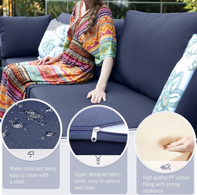 BULEXYARD 9 Piece High Back Outdoor Sectional Seating with Fire Pit Table, Heavy Duty Sturdy Wicker Patio Set Conversation Couch Sofa, Extra Wide Deep Large 8-Person Deck Furniture, Grey & Navy Blue