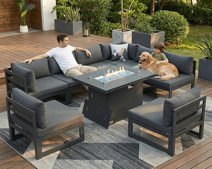 NICESOUL Aluminum Frame Patio Furniture Set with Fireplace, 9 Piece Oversized Modular Outdoor Sectional Sofa, 29" Deep Wide Seating, Modern L Shaped Conversation Set for Backyard, Garden, Dark Grey