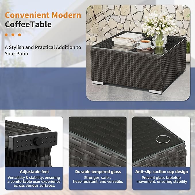 Oakcloud 7-Piece Outdoor Patio Furniture Sofa Set Black Rattan Wicker Sectional Conversation Sets with Glass Top Table and Cushions(Dark Blue)