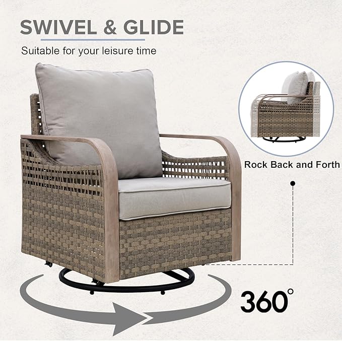 COOS BAY Modern Wicker Outdoor Furniture Set, 6 Piece Patio Conversation Set with 2 Swivel Rockers, a 3 Seat Couch, 2 Ottomans and Coffee Table, 6 Piece, Brown/Gray