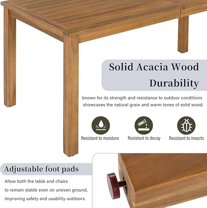 5-Piece Outdoor Patio Dining Set for 4, Solid Acacia Wood Table with Rope Woven Chairs, Farmhouse Style for Garden Backyard Poolside (Brown,Gray)
