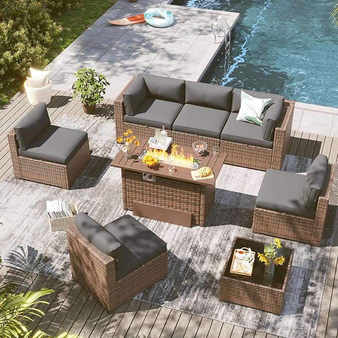 LazySunsets 8 Piece Outdoor Patio Furniture Set with 44'' Fire Pit Table, Outdoor Patio Furniture Set with Waterproof Cover, Wicker Rattan Outdoor Conversation Set for Backyard & Garden, Grey